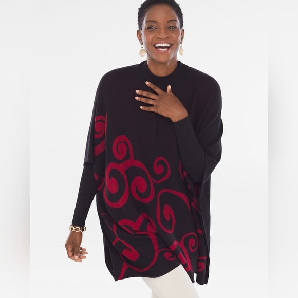 Chico's Sweaters - Chico’s Red and Black Popover Poncho with Swirl Design Cotton Blend S/M
